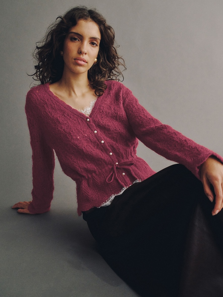 Dark Pink Pointelle Knit Tie Waist Cardigan - Image 1 of 7 Dark Pink Pointelle Knit Tie Waist Cardigan - Image 1 of 7