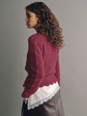 Dark Pink Pointelle Knit Tie Waist Cardigan - Image 3 of 7