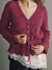 Dark Pink Pointelle Knit Tie Waist Cardigan - Image 4 of 7