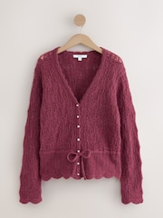 Dark Pink Pointelle Knit Tie Waist Cardigan - Image 5 of 7