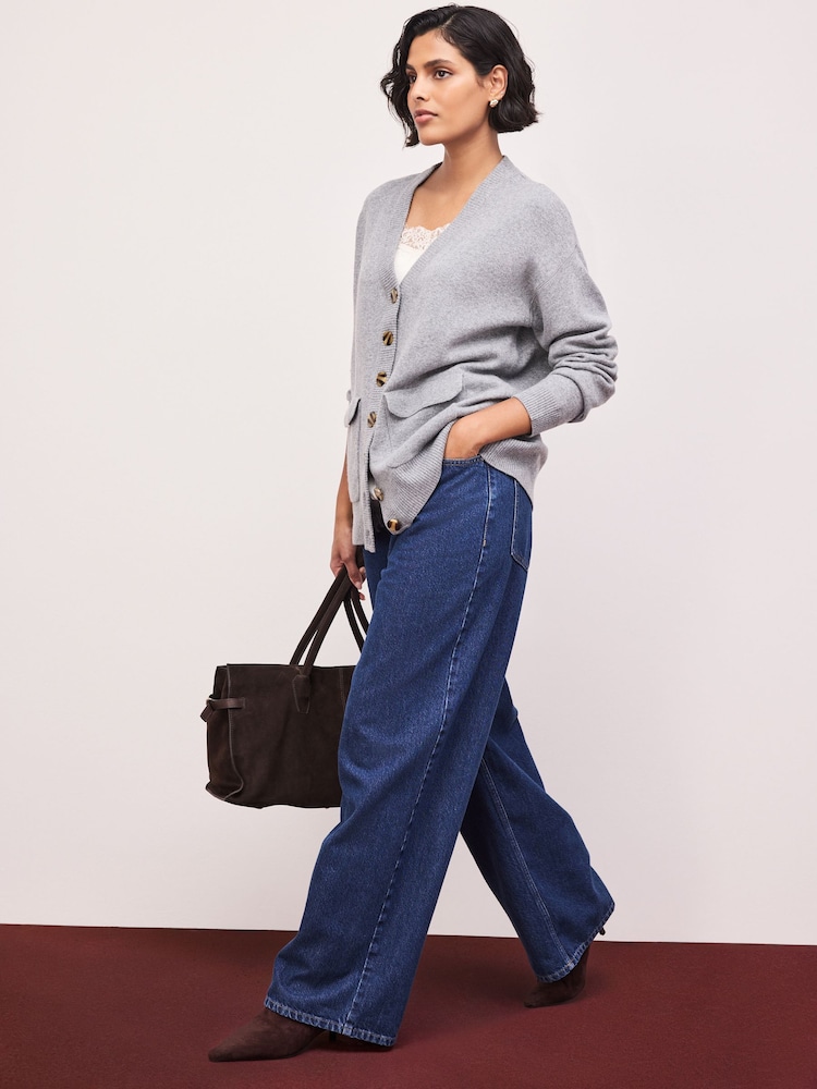 Grey Marl Supersoft Mid Length V-Neck Cardigan - Image 2 of 8 Grey Marl Supersoft Mid Length V-Neck Cardigan - Image 2 of 8
