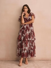 Mint Velvet Red Floral Print Tulle Midi Dress - Image 2 of 8