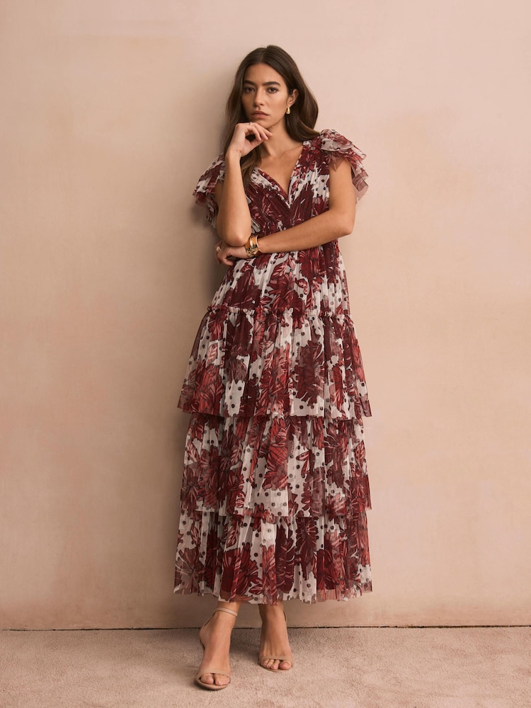 Mint Velvet Red Floral Print Tulle Midi Dress - Image 2 of 8