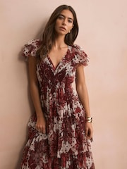 Mint Velvet Red Floral Print Tulle Midi Dress - Image 3 of 8