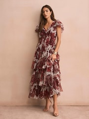 Mint Velvet Red Floral Print Tulle Midi Dress - Image 5 of 8