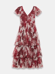Mint Velvet Red Floral Print Tulle Midi Dress - Image 7 of 8