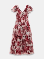 Mint Velvet Red Floral Print Tulle Midi Dress - Image 8 of 8