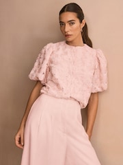 Mint Velvet Pink Textured Puff Sleeve Blouse - Image 1 of 8