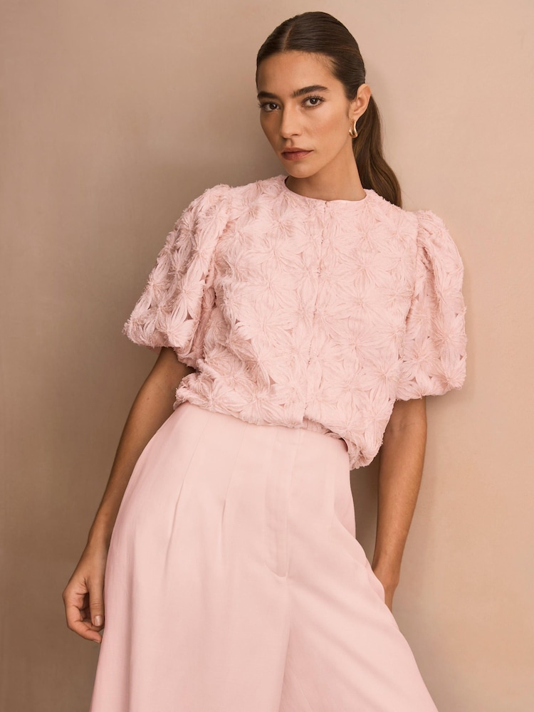 Mint Velvet Pink Textured Puff Sleeve Blouse - Image 1 of 8