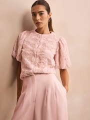 Mint Velvet Pink Textured Puff Sleeve Blouse - Image 3 of 8