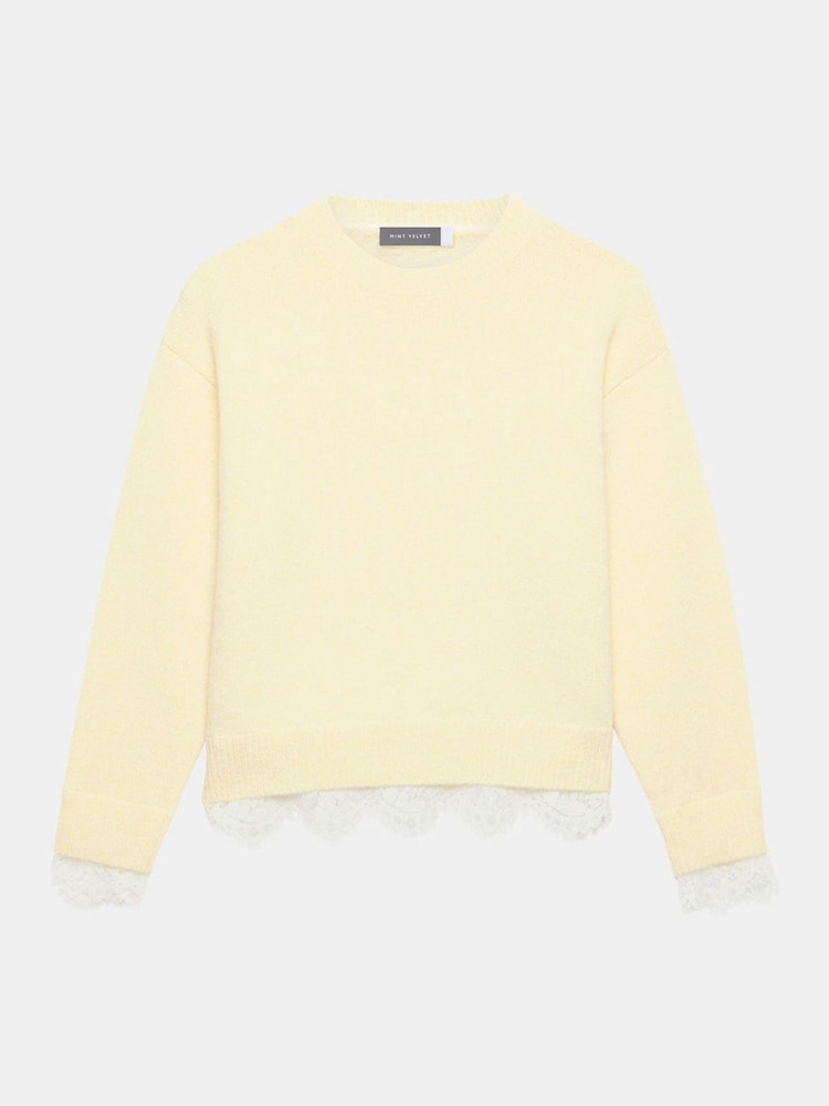 Mint Velvet Yellow Lace Detail Wool Blend Jumper - Image 1 of 2 Mint Velvet Yellow Lace Detail Wool Blend Jumper - Image 1 of 2