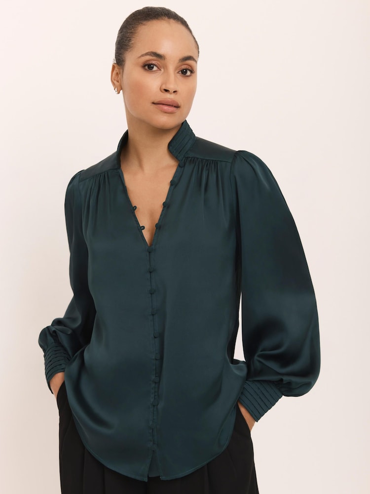 Mint Velvet Green Contrast Satin Blouse - Image 1 of 8 Mint Velvet Green Contrast Satin Blouse - Image 1 of 8