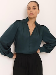 Mint Velvet Green Contrast Satin Blouse - Image 2 of 8