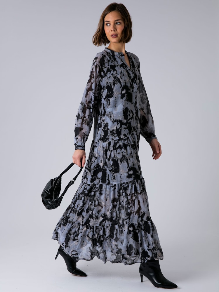 Religion Grey Sunrise tiered maxi dress in grey abstract print with pocket - Image 1 of 6