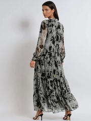 Religion Grey Sunrise tiered maxi dress in grey abstract print with pocket - Image 2 of 6