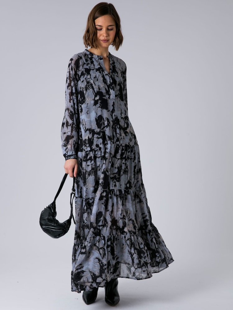 Religion Grey Sunrise tiered maxi dress in grey abstract print with pocket - Image 2 of 6