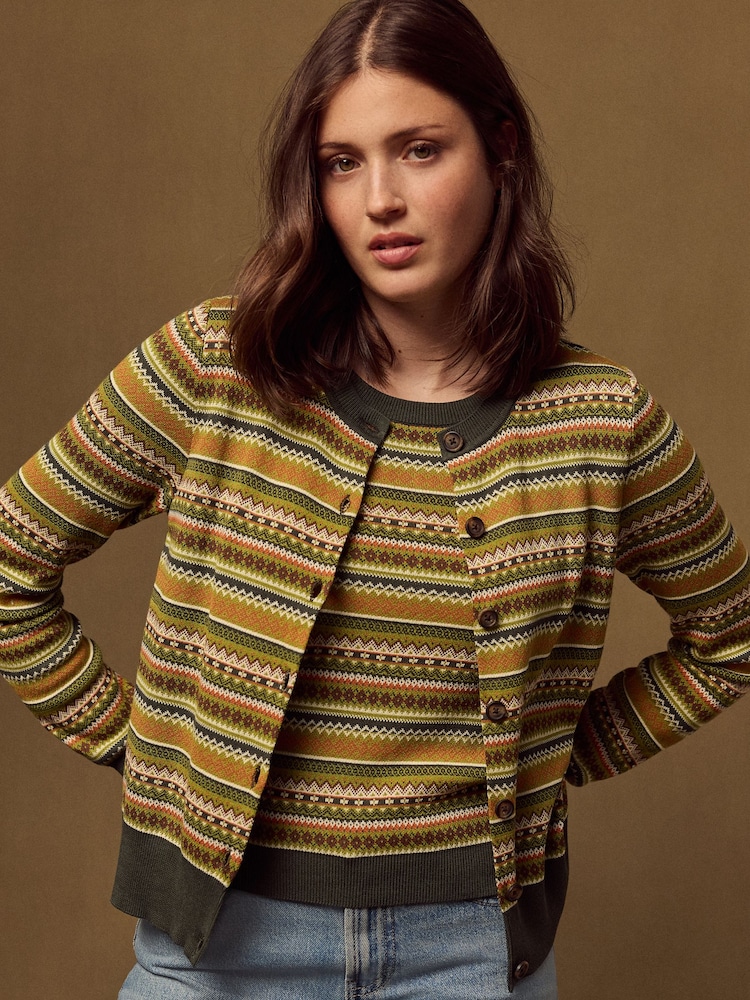 Green Fairisle Soft Touch Cotton Rich Open Layer Cardigan - Image 2 of 8 Green Fairisle Soft Touch Cotton Rich Open Layer Cardigan - Image 2 of 8