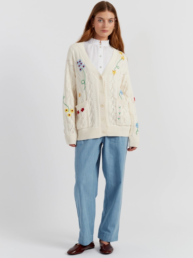 Chinti & Parker Cream Cotton Hand Embroidered Floral Cardigan - Image 1 of 4