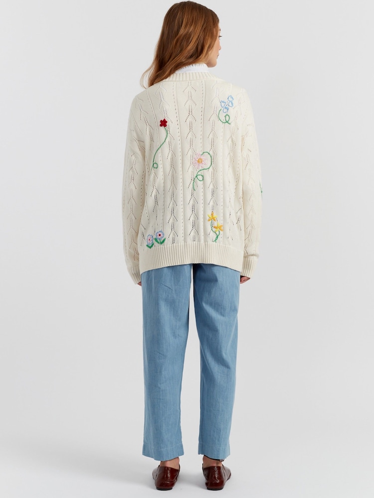Chinti & Parker Cream Cotton Hand Embroidered Floral Cardigan - Image 2 of 4