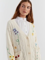 Chinti & Parker Cream Cotton Hand Embroidered Floral Cardigan - Image 3 of 4