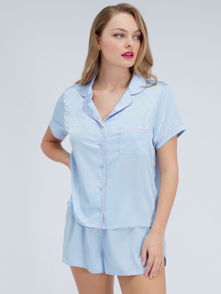 Boux Avenue Blue Bow Satin Short Pyjamas Set - Image 1 of 6 Boux Avenue Blue Bow Satin Short Pyjamas Set - Image 1 of 6