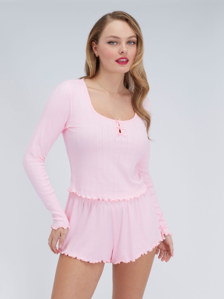 Boux Avenue Pink Rib Bow Trim Short Pyjamas Set - Image 2 of 6 Boux Avenue Pink Rib Bow Trim Short Pyjamas Set - Image 2 of 6