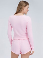 Boux Avenue Pink Rib Bow Trim Short Pyjamas Set - Image 6 of 6