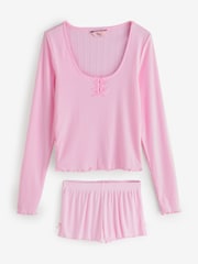 Boux Avenue Pink Rib Bow Trim Short Pyjamas Set - Image 7 of 9