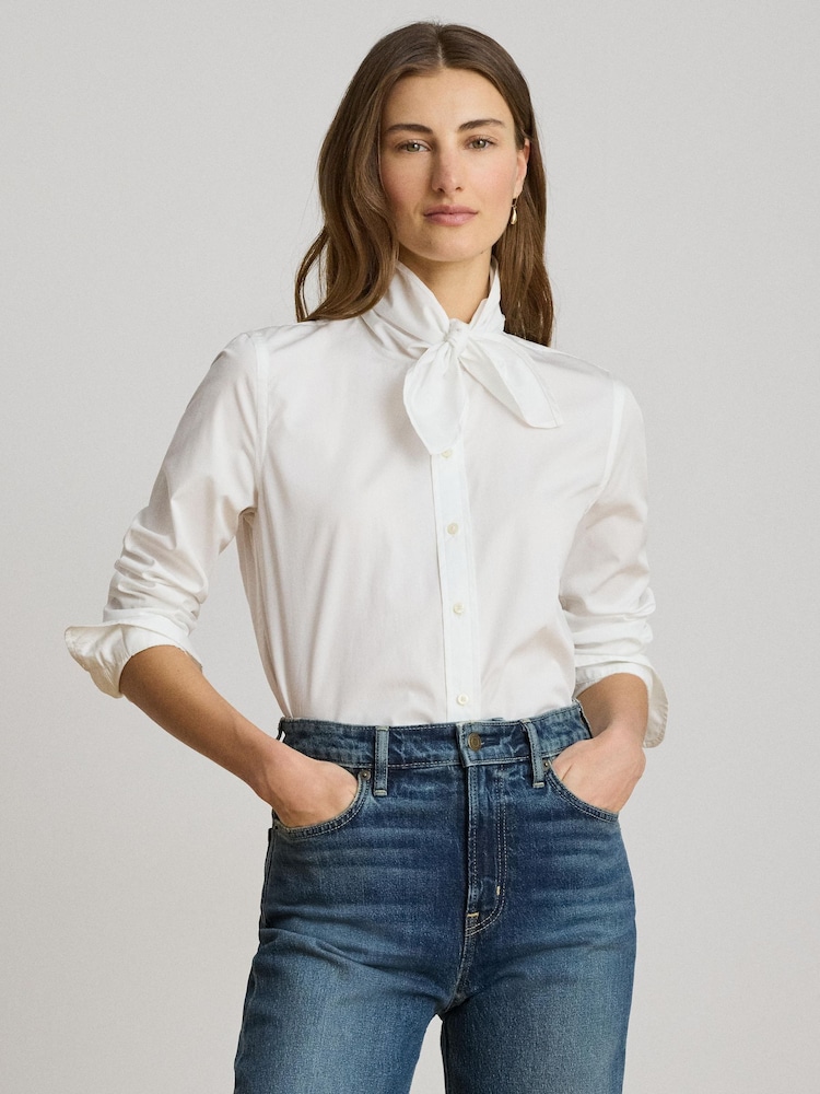 Lauren Ralph Lauren White Cotton Slim Fit Shirt With Bow Neckline - Image 1 of 9 Lauren Ralph Lauren White Cotton Slim Fit Shirt With Bow Neckline - Image 1 of 9