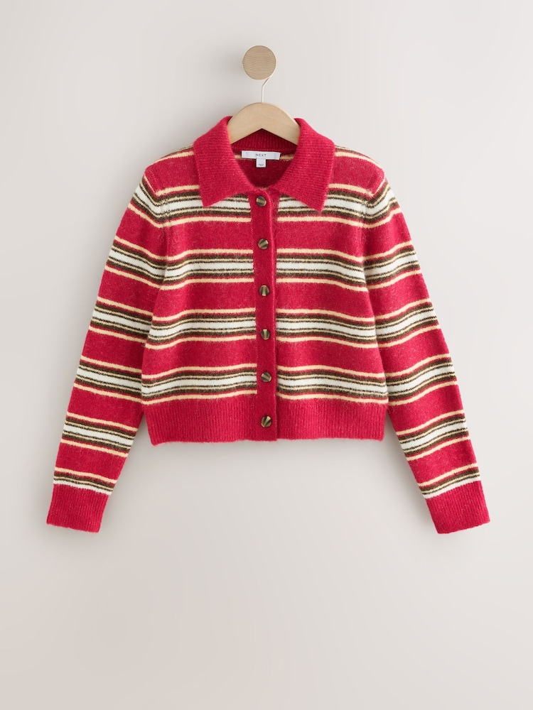 Red/Ecru Stripe Knitted Collar Cardigan With Wool - Image 1 of 3
