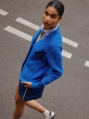 Cobalt Blue Cotton Rich Mid Length V-Neck Stitchy Cardigan - Image 1 of 6