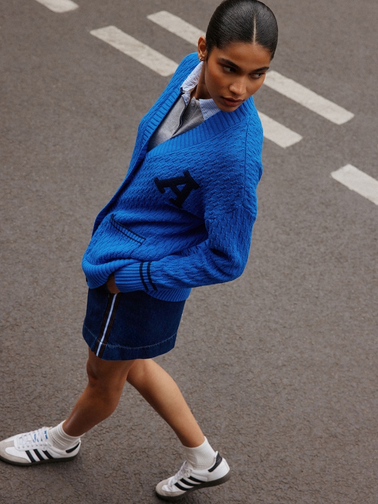Cobalt Blue Cotton Rich Mid Length V-Neck Stitchy Cardigan - Image 2 of 6