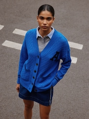Cobalt Blue Cotton Rich Mid Length V-Neck Stitchy Cardigan - Image 3 of 6