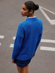 Cobalt Blue Cotton Rich Mid Length V-Neck Stitchy Cardigan - Image 5 of 6