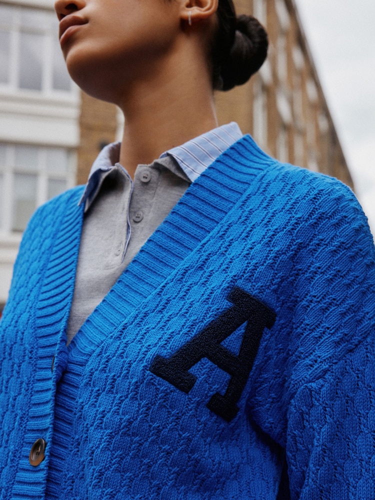 Cobalt Blue Cotton Rich Mid Length V-Neck Stitchy Cardigan - Image 6 of 6
