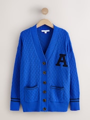 Albastru cobalt - Cotton Rich Mid Length V-Neck Stitchy Cardigan - Imaginea 7 din 9