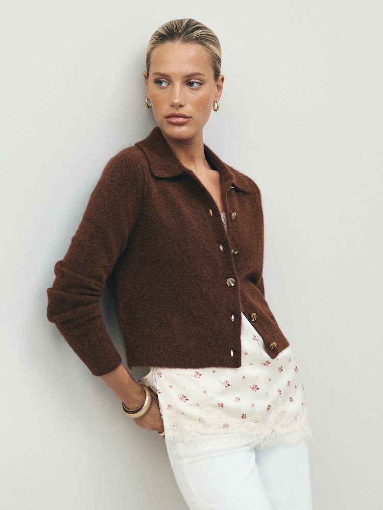 Brown Knitted Collar Cardigan With Wool - Image 1 of 8