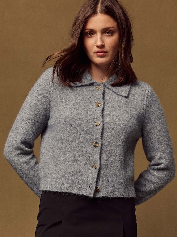 Grey Marl Knitted Collar Cardigan With Wool - Image 1 of 10