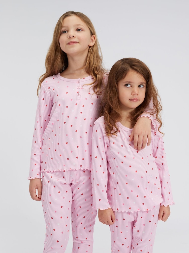 Boux Avenue Pink Matching Heart Rib Henley Pyjamas Set - Image 1 of 4