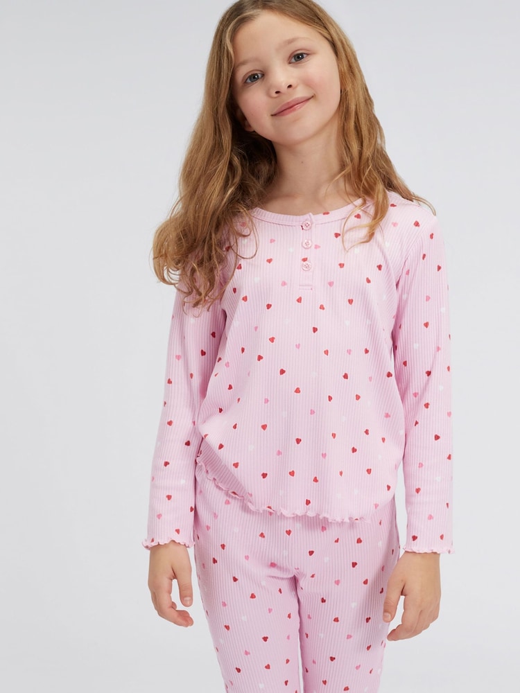 Boux Avenue Pink Matching Heart Rib Henley Pyjamas Set - Image 2 of 4