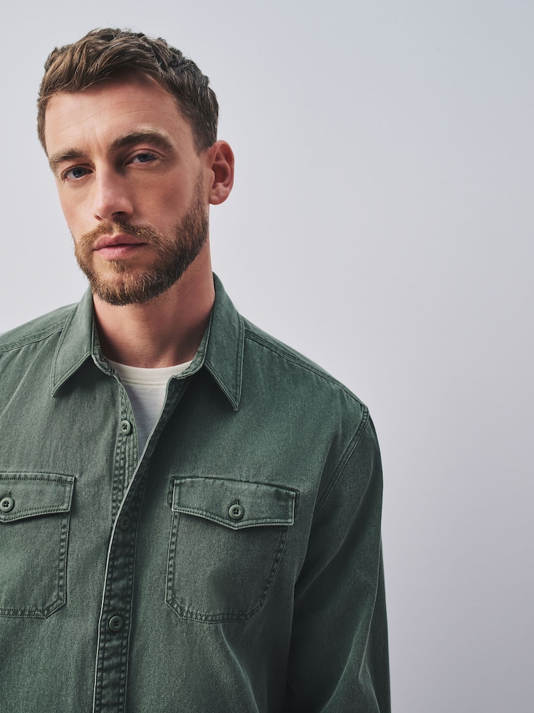 Khaki Green Garment Dye Washed Long Sleeve Overshirt - Image 1 of 9