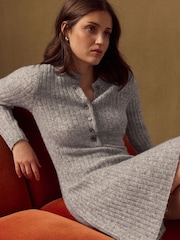 Grey Marl Ribbed Knit Henley Mini Dress - Image 1 of 7