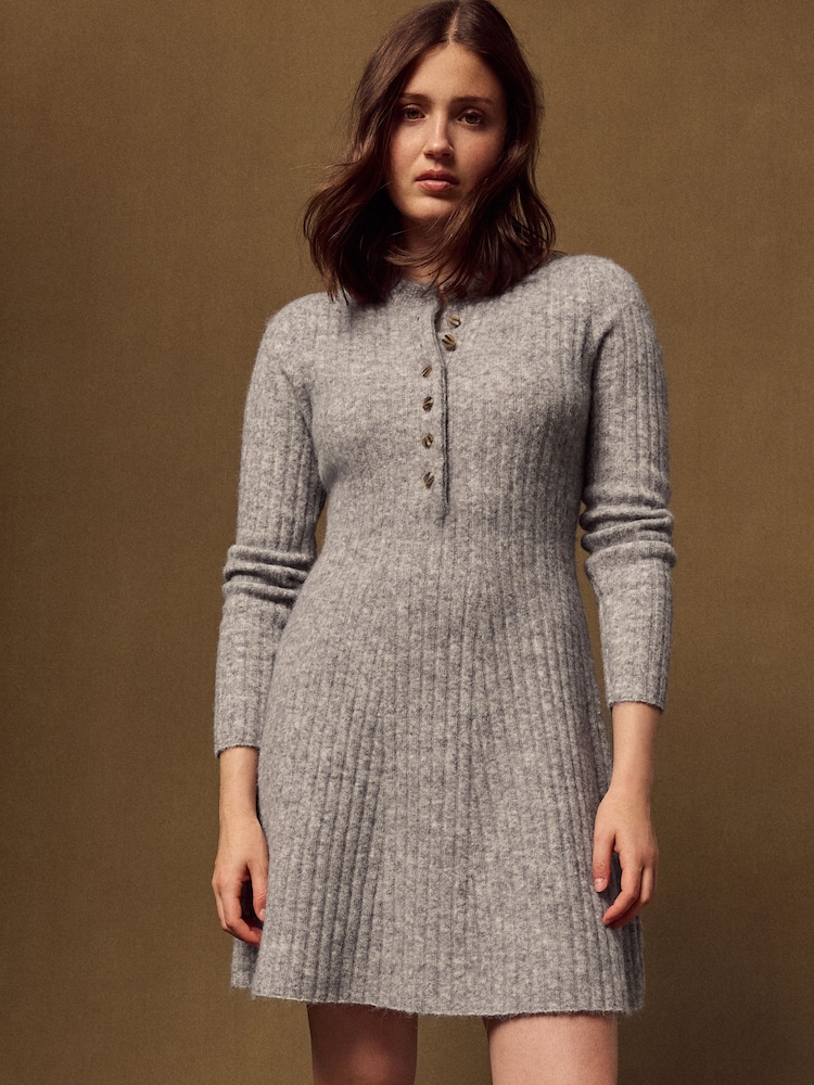 Grey Marl Ribbed Knit Henley Mini Dress - Image 2 of 7 Grey Marl Ribbed Knit Henley Mini Dress - Image 2 of 7