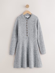 Grey Marl Ribbed Knit Henley Mini Dress - Image 5 of 7