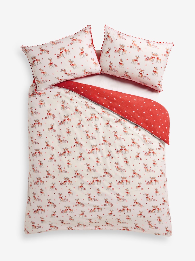 Red/Natural Deer Christmas Reversible Duvet Cover and Pillowcase Set - Image 1 of 2 Red/Natural Deer Christmas Reversible Duvet Cover and Pillowcase Set - Image 1 of 2