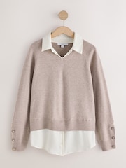 Neutral Gem Button Supersoft Knitted Long Sleeve Shirt Layer Jumper - Image 6 of 9