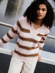 Pink/Green Supersoft Cable Knit V-Neck Mid Length Jumper - Image 1 of 5