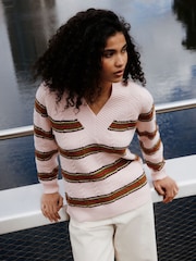 Pink/Green Supersoft Cable Knit V-Neck Mid Length Jumper - Image 2 of 5