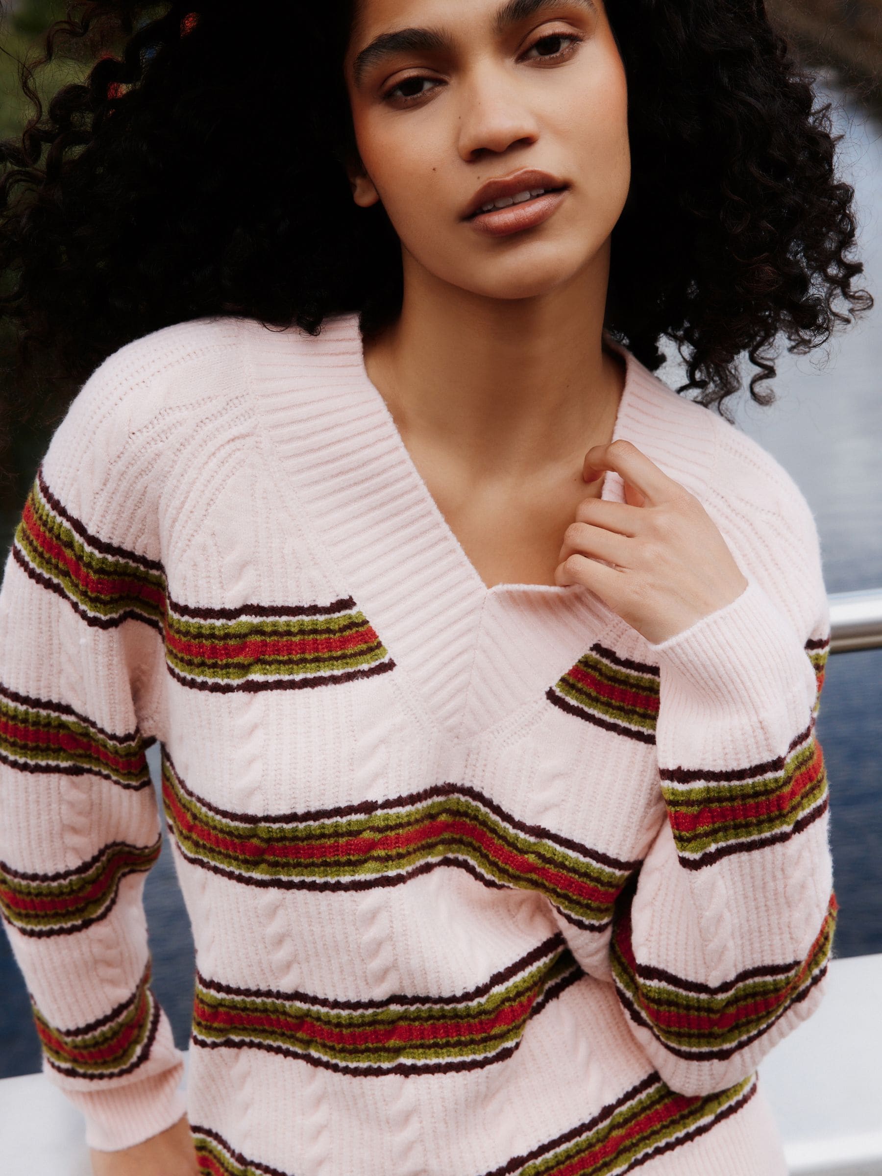 Buy Pink/Green Supersoft Cable Knit V-Neck Mid Length Jumper from
