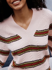 Pink/Green Supersoft Cable Knit V-Neck Mid Length Jumper - Image 5 of 5